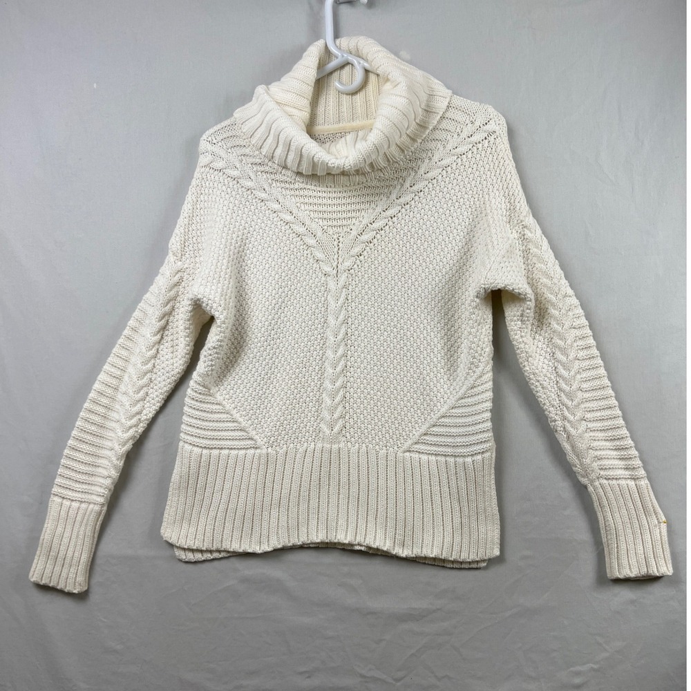 Rachel Ashwell Cowl Neck Sweater Womens S Ivory Cable Knit Cotton Chunky Slit